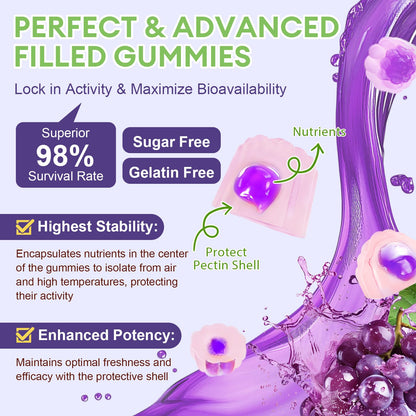 Totaria 2 PCS Sugar Free 5-in-1 Probiotic Prebiotic Postbiotic Gummy, 36 Strains Probiotics for Women Men with Digestive Enzymes, Peppermint, Complete Immune, Gut & Digestive Support, Grape Flavor