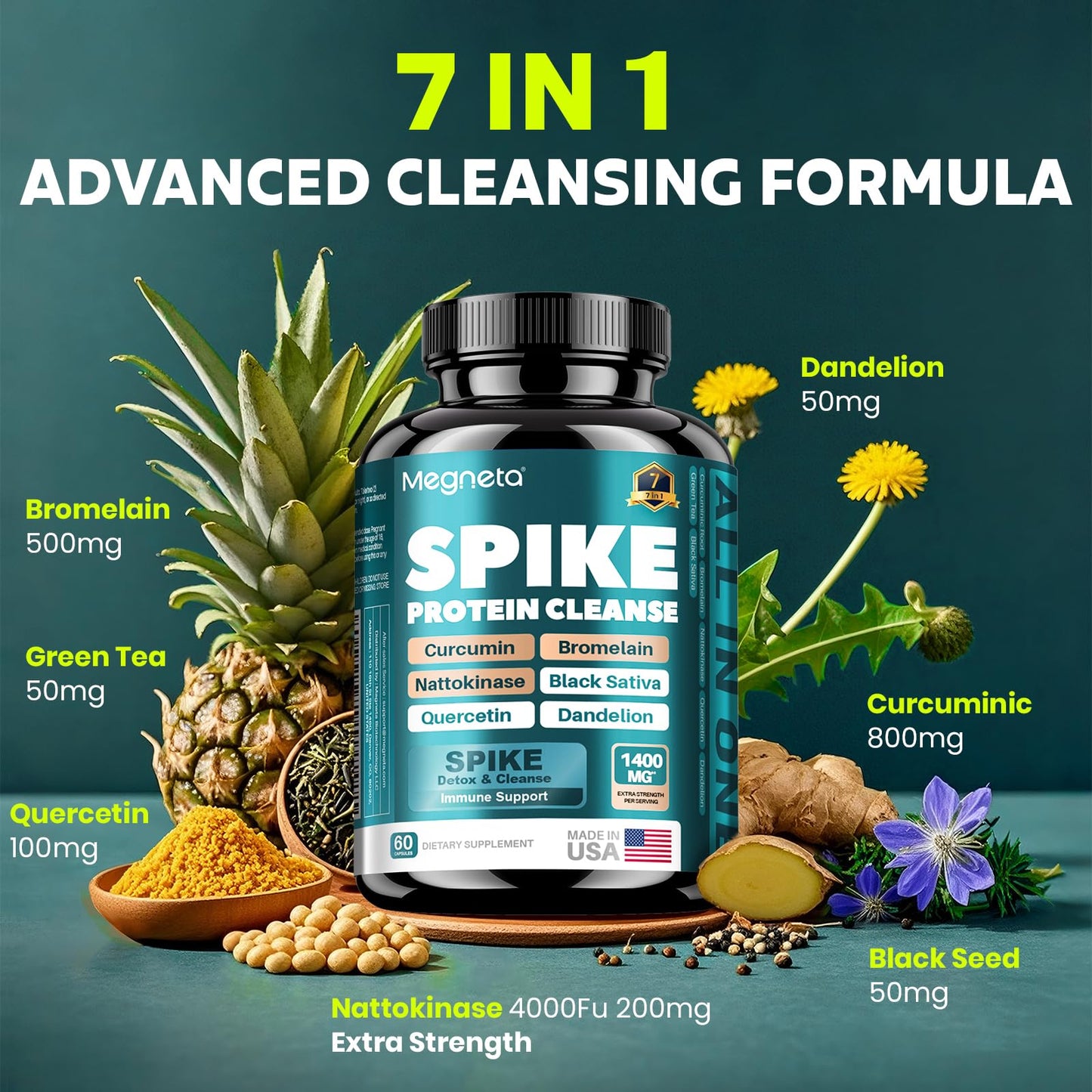 MEGNETA Spike Support - Nattokinase 20,000 FU/g, Bromelain 500mg & Curcumin 800mg – Triple-Action Enzyme Complex with Quercetin & Dandelion – Cardiovascular, Circulatory, Antioxidant & Immune Support