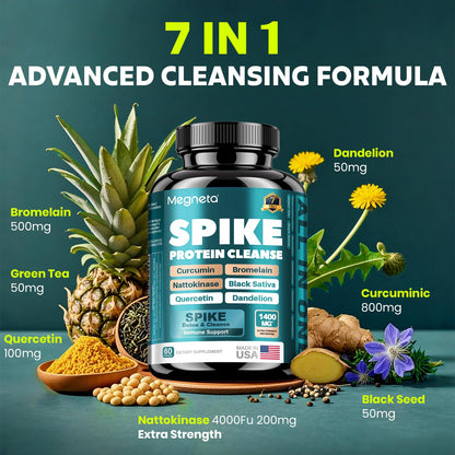 MEGNETA Spike Support - Nattokinase 20,000 FU/g, Bromelain 500mg & Curcumin 800mg – Triple-Action Enzyme Complex with Quercetin & Dandelion – Cardiovascular, Circulatory, Antioxidant & Immune Support