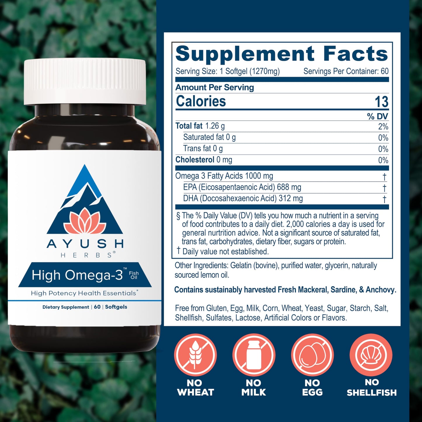 Ayush Herbs High Omega 3 - Omega 3 Fish Oil, 1000mg Per Capsule, EPA & DHA Fish Oil Supplement for Women & Men,
