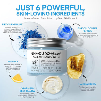 HealthyDerm Copper Peptides GHK-Cu Beef Tallow for Skin: Blue Balm with Methylene Blue, Manuka Honey & Vitamin E – Natural Face and Body Moisturizer for Mature, Dry & Sensitive Skin – 2oz