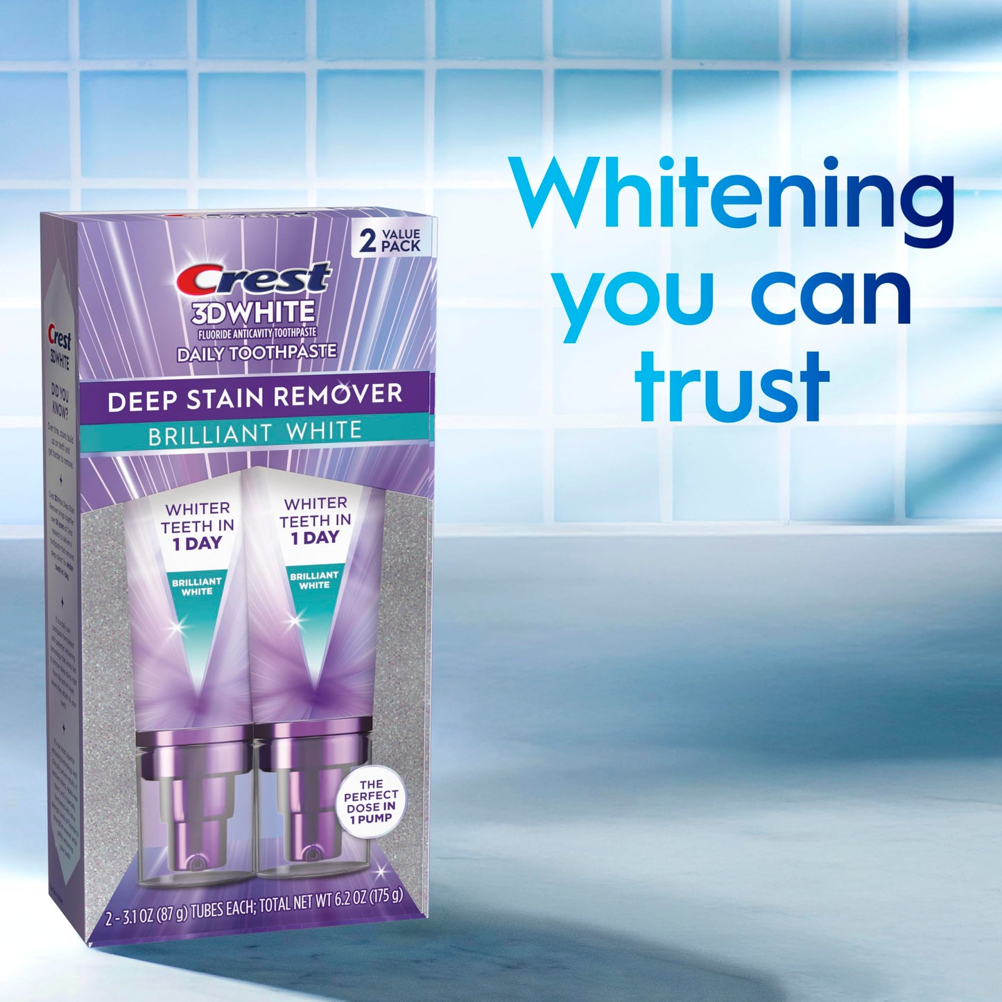 Crest 3D White Deep Stain Remover Toothpaste, Teeth whitening for Adults, 3.1oz, 2 Pack, Sensitivity Safe, Enamel Repair, Cavity Protection