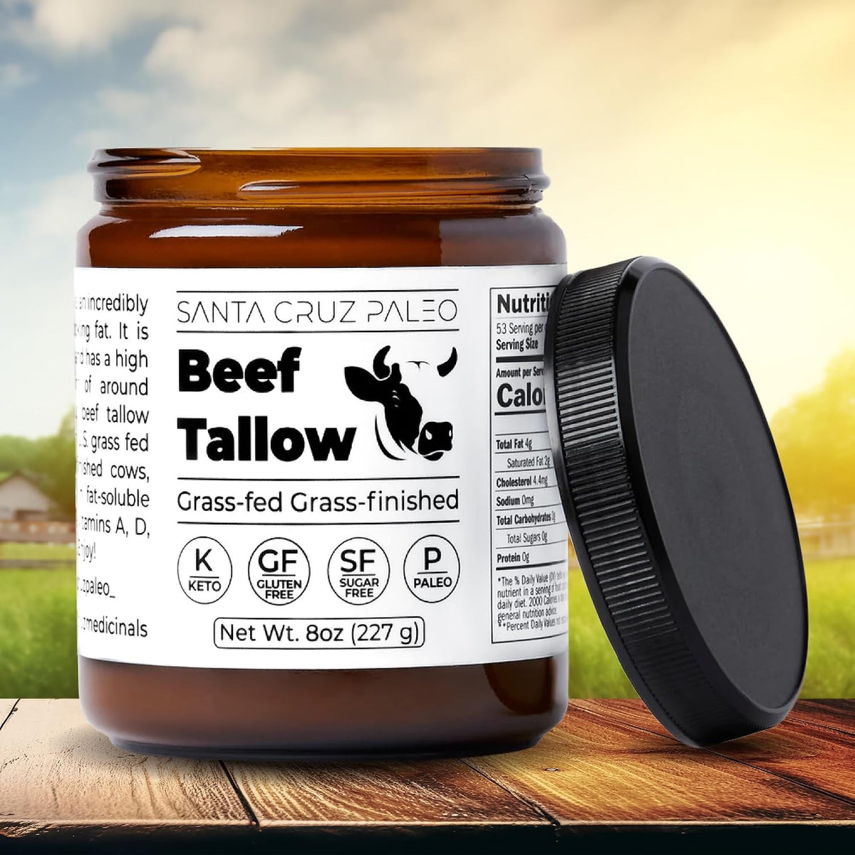 Santa Cruz Paleo Beef Tallow for Cooking, 100% Grass Fed and Finished, Gluten Free, Keto, Sugar Free, Paleo, With Vitamin D, E, K, B1, A, Fatty Acids, 8 Oz