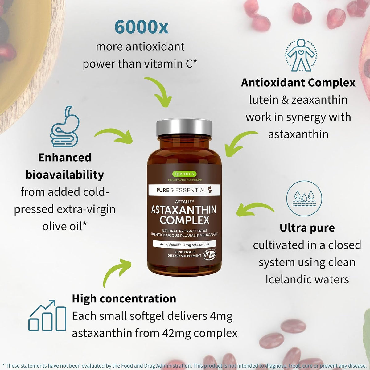 Igennus Vegan Astaxanthin 4mg Complex with Lutein and Zeaxanthin, 90 Small Softgels, from 42 mg Astalif, Natural Algae Antioxidant for Eyes, Skin & Joints, Non-GMO, H. Pluvialis