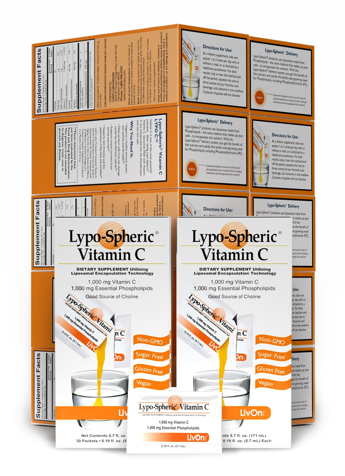 LivOn Laboratories Lypo–Spheric Liposomal Vitamin C 1000mg - No Sugar, Immune Support, Plant Based - Easy to Swallow, Absorbable - Non–GMO, Gluten Free (0.2 fl oz Individual 30 Packets)