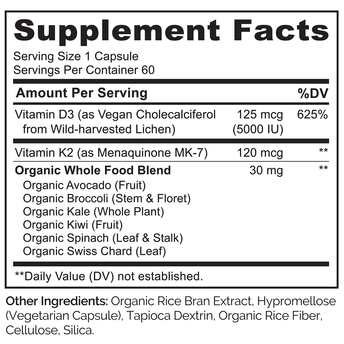 NATURELO Vitamin D3 K2 - Vegan with Plant Based D3 from Lichen - Natural Supplement for Immune System, Bone Support, Heart Health - Whole Food - Non-GMO - Gluten Free, 60 Capsules