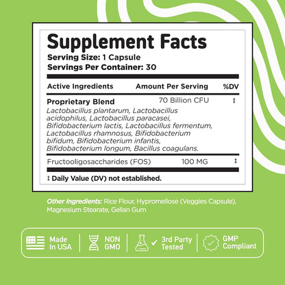 Vital Vitamins Probiotic Complex, 70 Billion CFU for Men & Women | 10-Probiotic Strain Blend with Prebiotic FOS, Supports Digestion & Immunity, Shelf-Stable, 30 Capsules