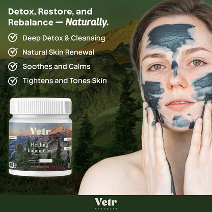 vetr Naturals Healing Indian Clay - Organic Natural Bentonite Clay 1 lb - Deep Pore Cleansing Facial, Hair & Body Mask - 100% Pure Calcium Bentonite for Detox & Skin Care