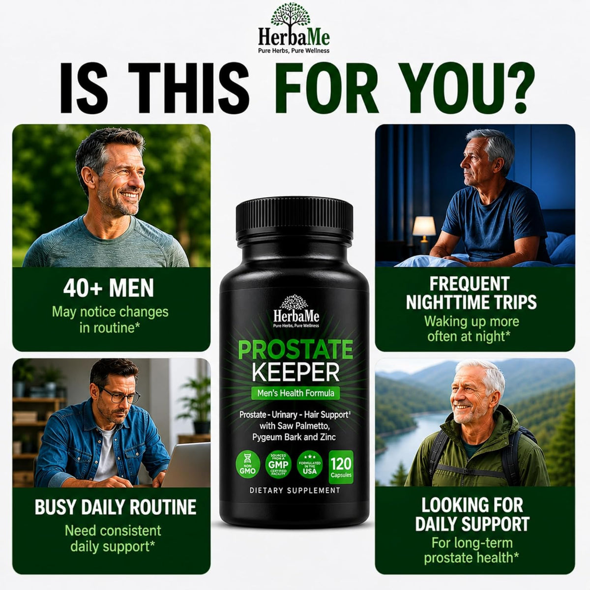 HerbaMe Prostate Support Supplement for Men with Saw Palmetto, Pygeum Bark & Zinc – Supports Healthy Urinary Flow, Bladder Comfort & Prostate Function, Daily Men’s Wellness Formula, 120 Capsules