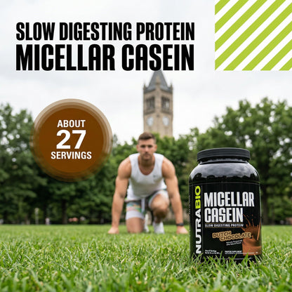 NutraBio Casein Protein Powder, Micellar Casien Powder, 25g Slow Digesting Protein, Helps Keep You Full, Overnight Muscle Recovery & Growth, BCAA & EAA, Gluten Free, Soy Free, 2lb Strawberry Ice Cream