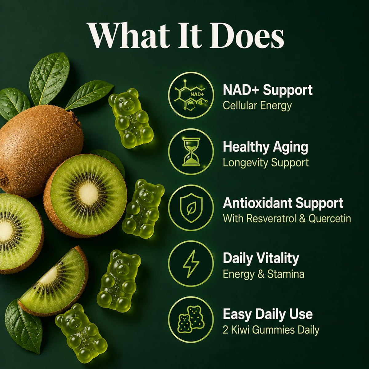 NMN Gummies 500mg with Trans-Resveratrol 200mg, Quercetin, TMG, Vitamin D3 B12, 1480mg NAD+ Supplement, Cellular Energy, Longevity & Healthy Aging Support, Vegan, 60 Kiwi Gummy Bears