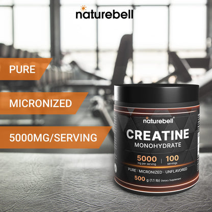 NatureBell Micronized Creatine Monohydrate Powder, 200 Servings | 5g Per Serving. Creatine Bulk Supply (1 kg / 2.2 lb). Unflavored & Easy-to-Mix. Keto, Vegan, Filler Free.