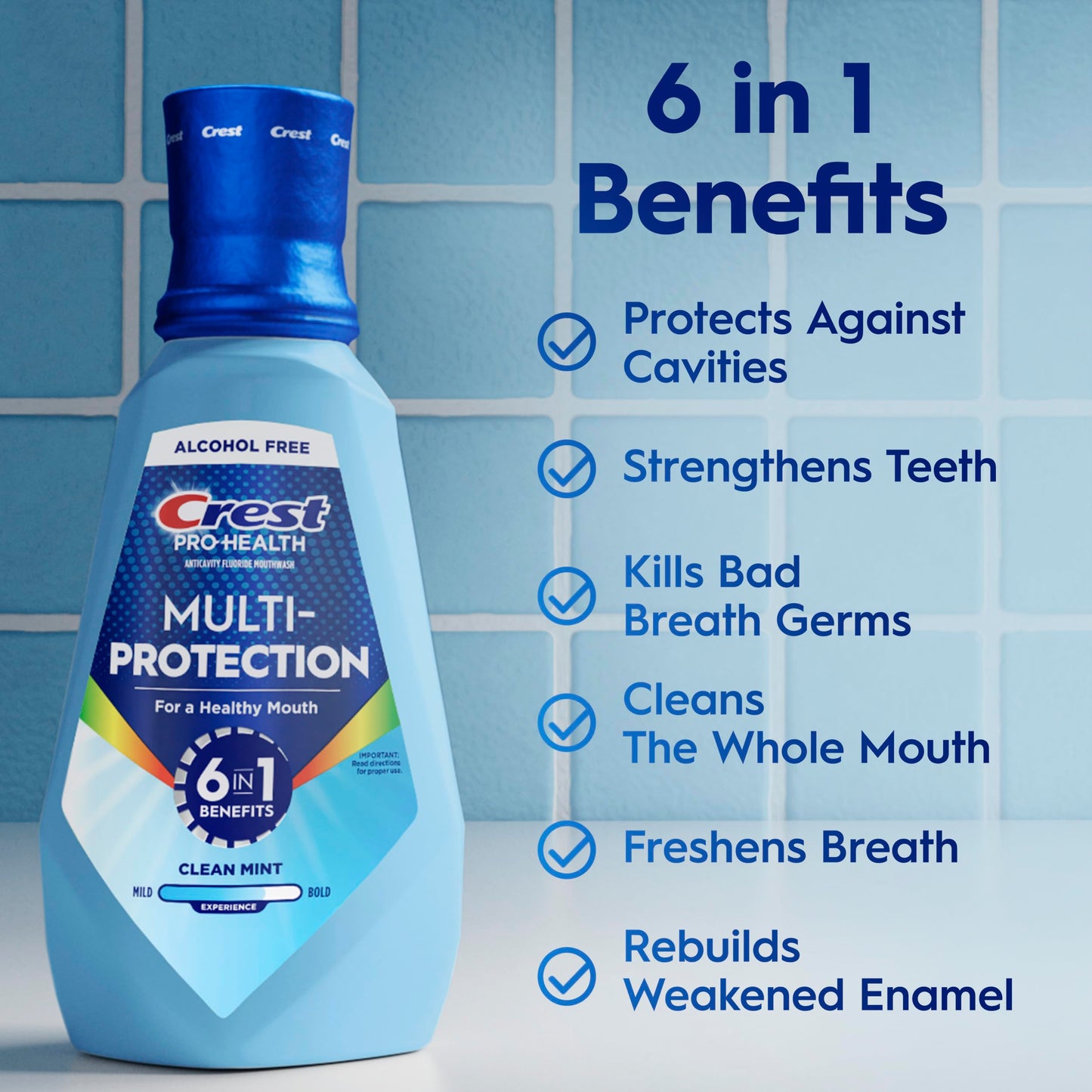 Crest Mouthwash Pro Health Multi-Protection, 1L, 2 Pack, 6-in-1 Benefits, Alcohol Free, Enamel Repair, Breath Freshener, Anti Cavity, Fluoride mouthwash, Bad Breath Treatment