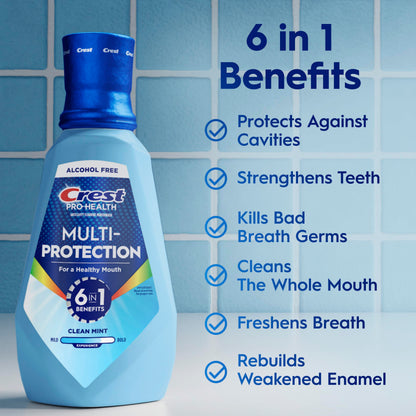 Crest Mouthwash Pro Health Multi-Protection, 1L, 2 Pack, 6-in-1 Benefits, Alcohol Free, Enamel Repair, Breath Freshener, Anti Cavity, Fluoride mouthwash, Bad Breath Treatment