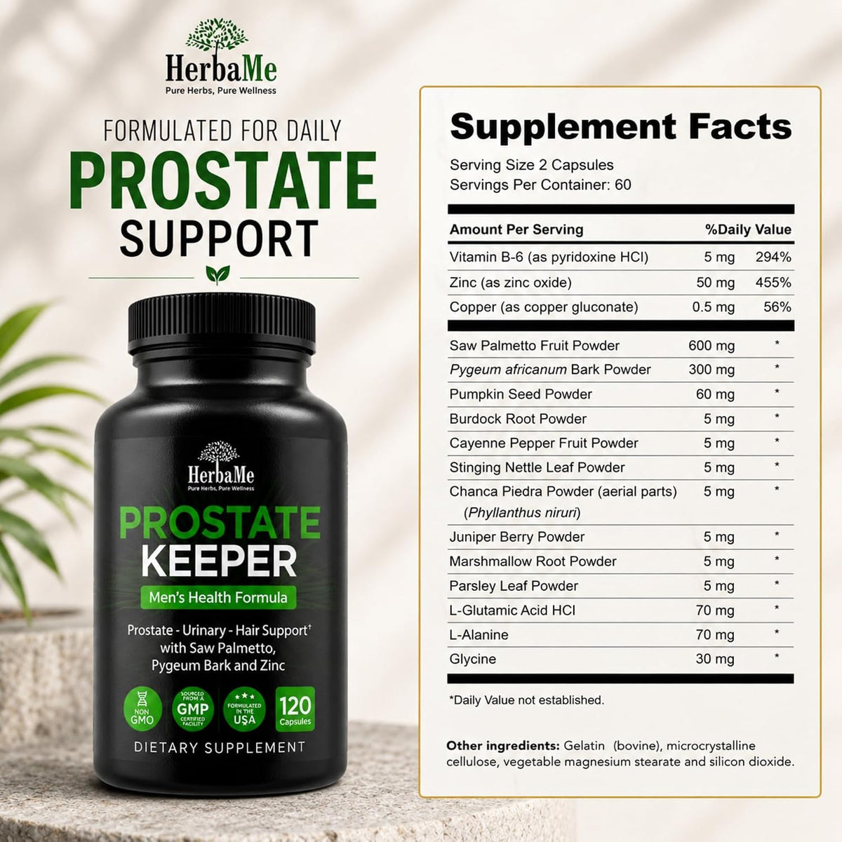 HerbaMe Prostate Support Supplement for Men with Saw Palmetto, Pygeum Bark & Zinc – Supports Healthy Urinary Flow, Bladder Comfort & Prostate Function, Daily Men’s Wellness Formula, 120 Capsules