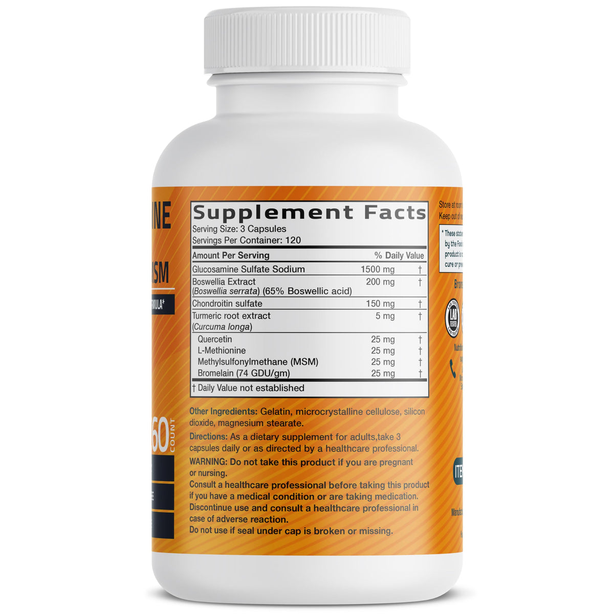 Bronson Glucosamine Chondroitin Turmeric & MSM Joint Support, 60 Capsules | Standardized Boswellia, Shellfish-Free Glucosamine, Mobility & Comfort Support, Non-GMO, Gluten-Free & Soy-Free