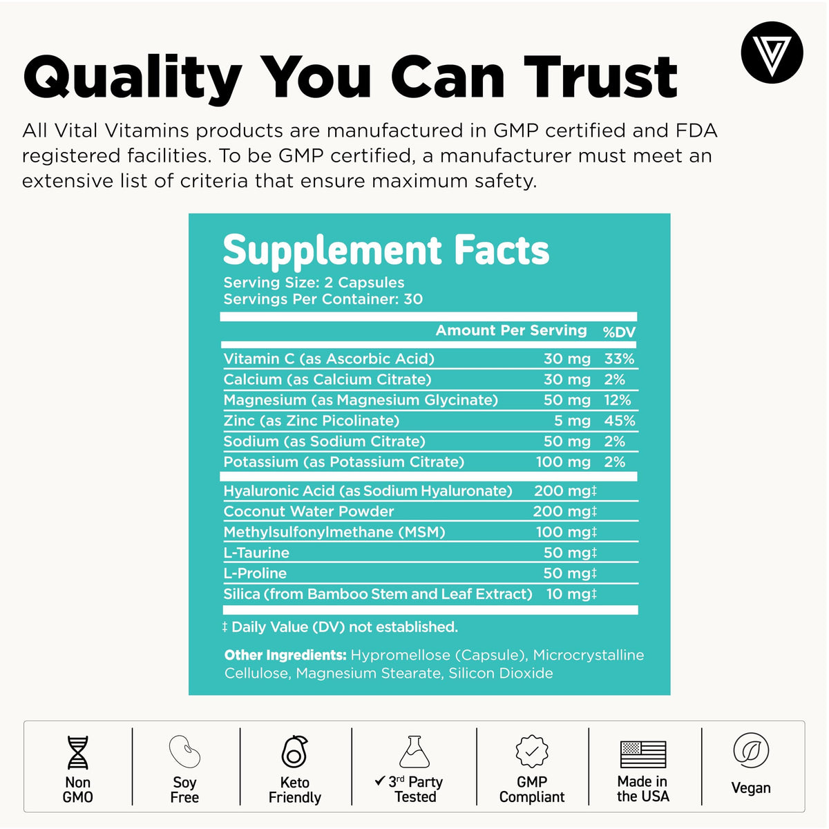 Vital Vitamins Hyaluronic Acid Supplements, 60 Capsules | 200mg Low Molecular Weight HA, Supports Skin Hydration, Elasticity & Joint Comfort, Vegan & Non-GMO