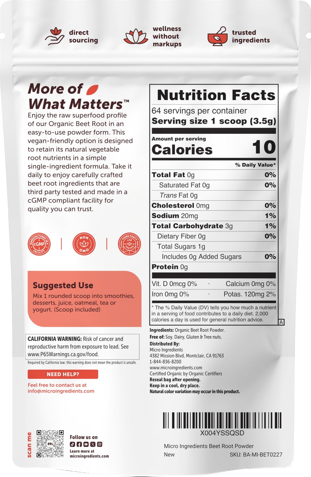 Micro Ingredients Organic Beet Root Powder, 4lb (64 oz) | Nitric Oxide Supplement, Water Soluble, Highly Concentrated Raw Beet Supplement, Superfood Drink Mix, Non-GMO, Plant Based