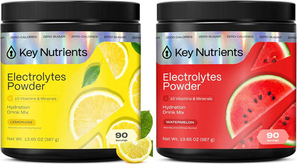 KEY NUTRIENTS Electrolytes Powder Bundle, Refreshing Lemonade 90 Servings Jar + Watermelon 90 Servings Jar, Sugar Free Hydration Drink Mix with Vitamins & Minerals, No Calories
