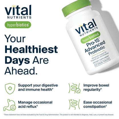 Hyperbiotics Vital Nutrients Pro-15 Advanced Probiotics for Women and Men | 15 Strains + Kiwifruit | Clinically Studied Daily Probiotics for Digestive Health, Gas, & Bloating | 30 Vegan Tablets