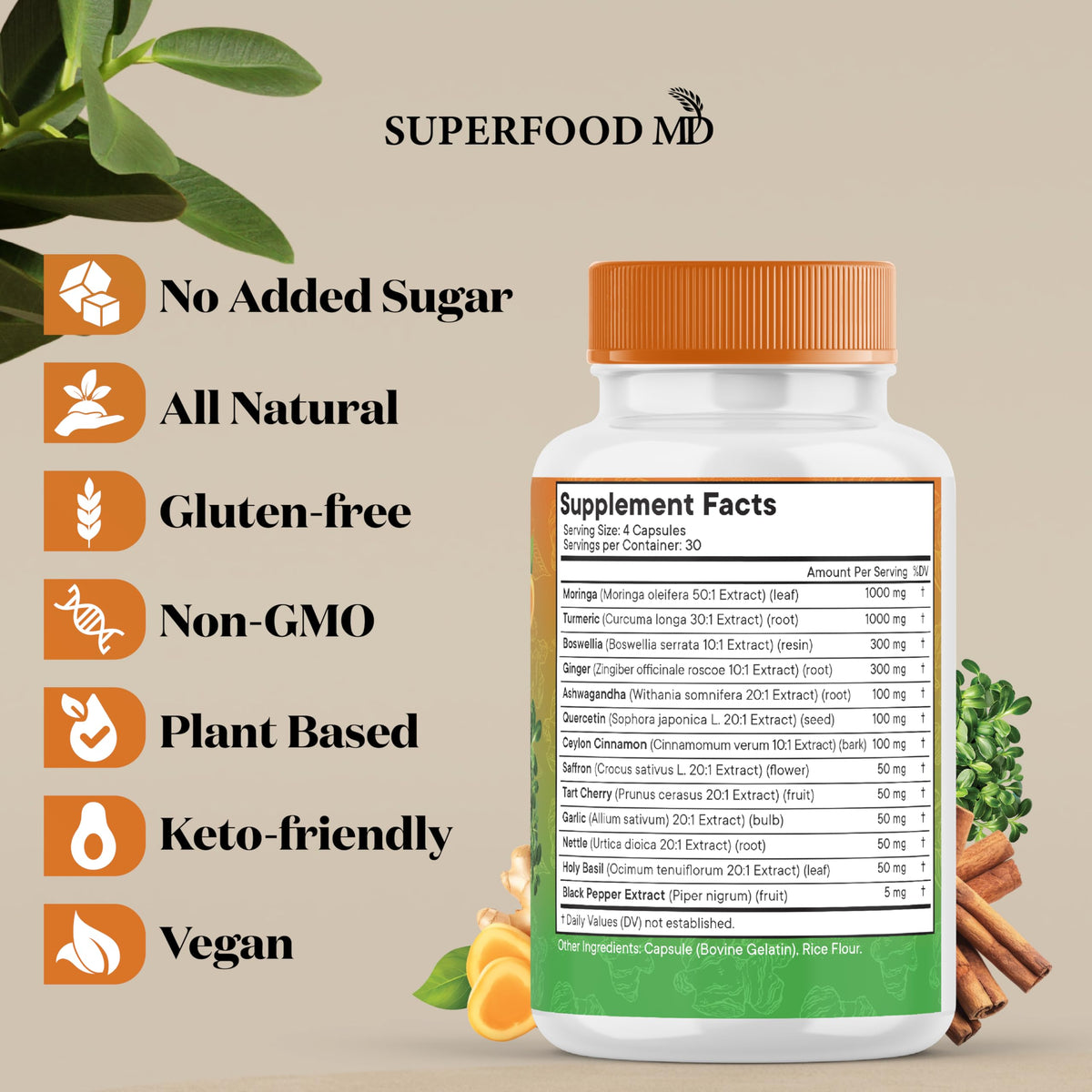 Turmeric Moringa Supplement | Ginger, Boswellia, Saffron, Holy Basil- Joint Support Supplement for Women and Men with Ceylon Cinnamon, Quercetin, Tart Cherry- 240 Count