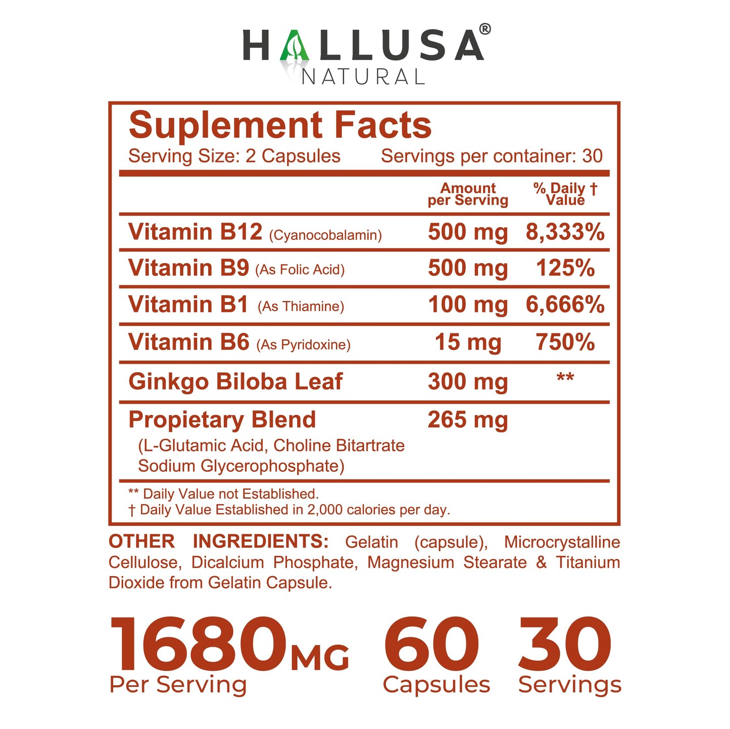 Hallusa Natural Brain Health Supplement Capsules 1680mg, Ginkgo Biloba, B Vitamins & Choline, Memory & Focus Support, Brain Booster for Men & Women, 60 Count Hallusa Natural buy supplements Au