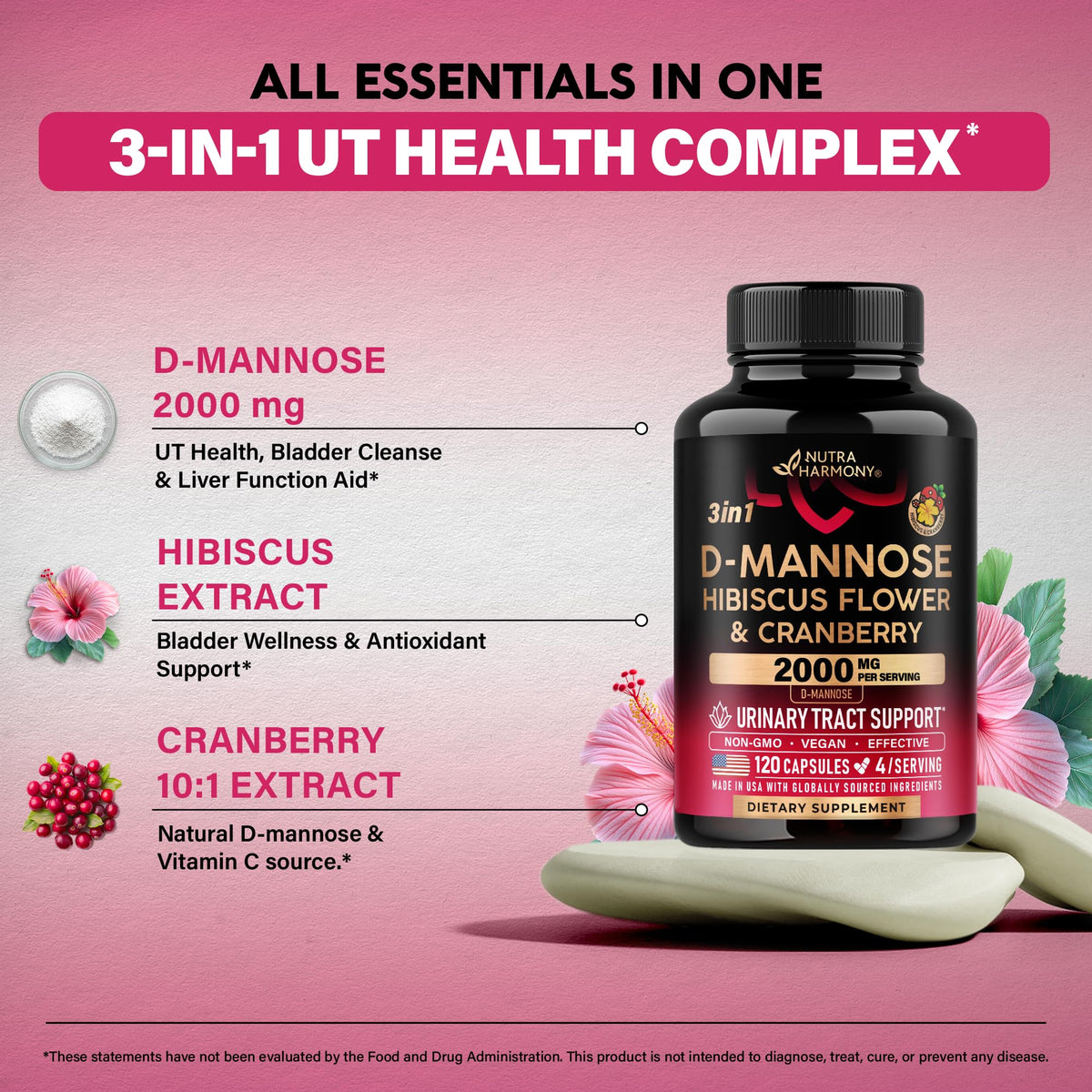 D-Mannose 2000mg with Cranberry & Hibiscus - Clinically Tested Strength for Urinary Tract Health - Supplement for Women - Bladder, Liver & Microflora Support - Lab Tested - Vegan, 120 Capsules