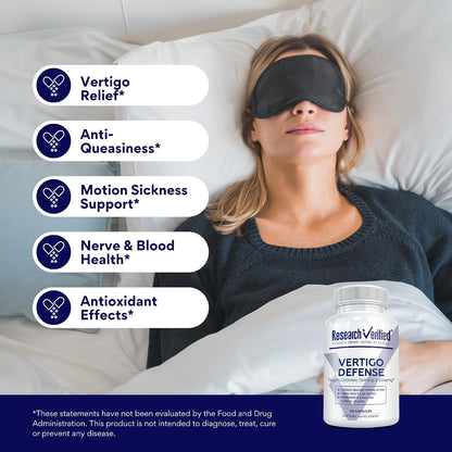 Research Verified Vertigo Defense - Soothe Symptoms and Support Inner Ear Balance - Vitamin D3, Ginger, Ginkgo Biloba, BioPerine - 60 Capsules