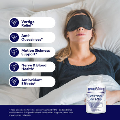 Research Verified Vertigo Defense - Soothe Symptoms and Support Inner Ear Balance - Vitamin D3, Ginger, Ginkgo Biloba, BioPerine - 60 Capsules