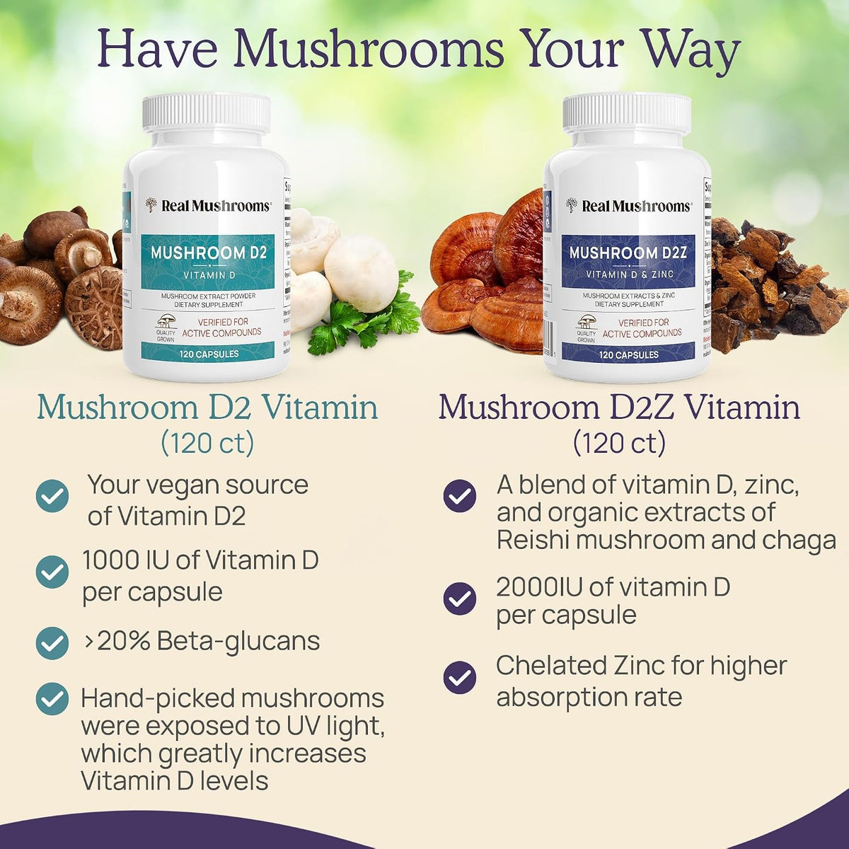 Real Mushrooms Vitamin D2, Zinc, Chaga, Reishi (120ct) and Lion's Mane (300ct) Bundle - Immunity and Cognitive Support, Chelated Zinc for Improved Absorption - Vegan, Gluten Free, Non-GMO