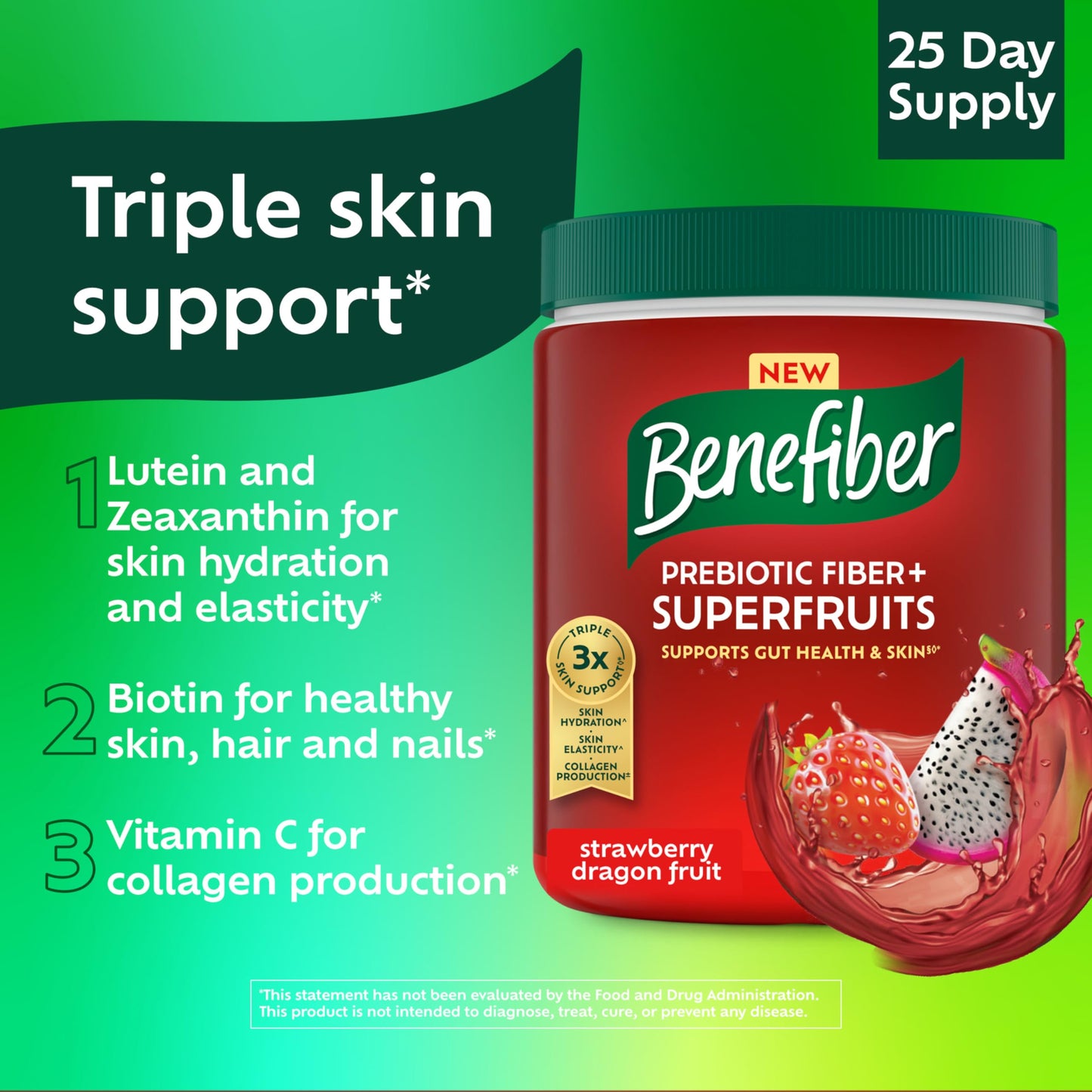 Benefiber Prebiotic Friendly Fiber + Superfruits Dietary Supplement, Strawberry Dragon Fruit Flavor, 8.8 oz (250g)
