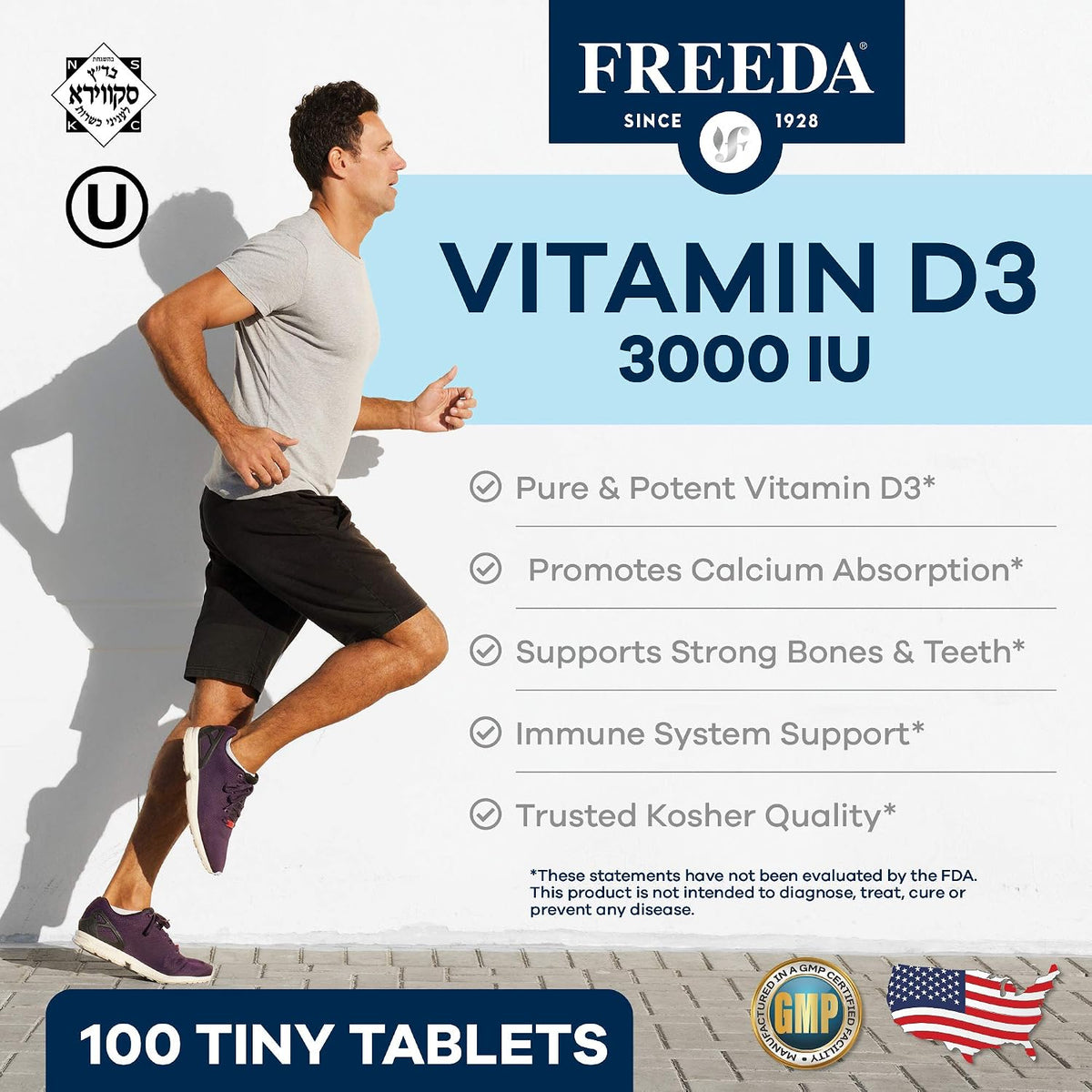 FREEDA Vitamin D3-3000 IU - Pure High Potency Kosher Supplement Tablets - Bone and Muscle Health, Calcium Absorption, Immune Support for Men and Women* - 100 Tiny Tablets | Supports Bone, Muscle & Immune Health – Helps Calcium Absorption – Easy-to-Swallow