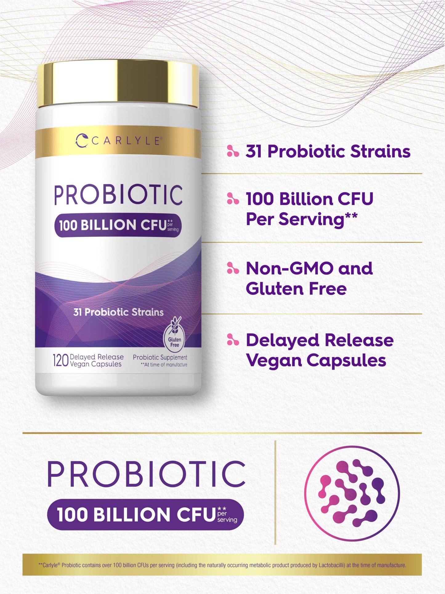 Carlyle Probiotic 100 Billion CFU | 120 Capsules | Delayed Release | 31 Probiotic Strains | with Prebiotic Fiber | Vegan, Non GMO, Gluten Free