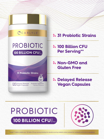 Carlyle Probiotic 100 Billion CFU | 120 Capsules | Delayed Release | 31 Probiotic Strains | with Prebiotic Fiber | Vegan, Non GMO, Gluten Free