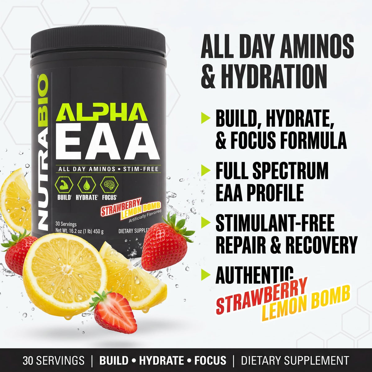 NutraBio Alpha EAA - All-Day Amino Acids for Muscle Growth and Hydration - Essential Amino Acids with Nootropics & Adaptogens- Full Spectrum EAA BCAA Powder - 30 Servings - Strawberry Lemon