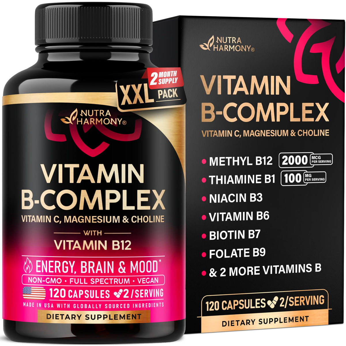 Vitamin B Complex for Men & Women - Made in USA - 11-in-1 B-Complex: B1, B2, B3, B5, B6, B7, B8, B9, B12 with Vitamin C, Choline, Inositol - Energy, Brain & Heart Support Supplement, 60 Vegan Capsules