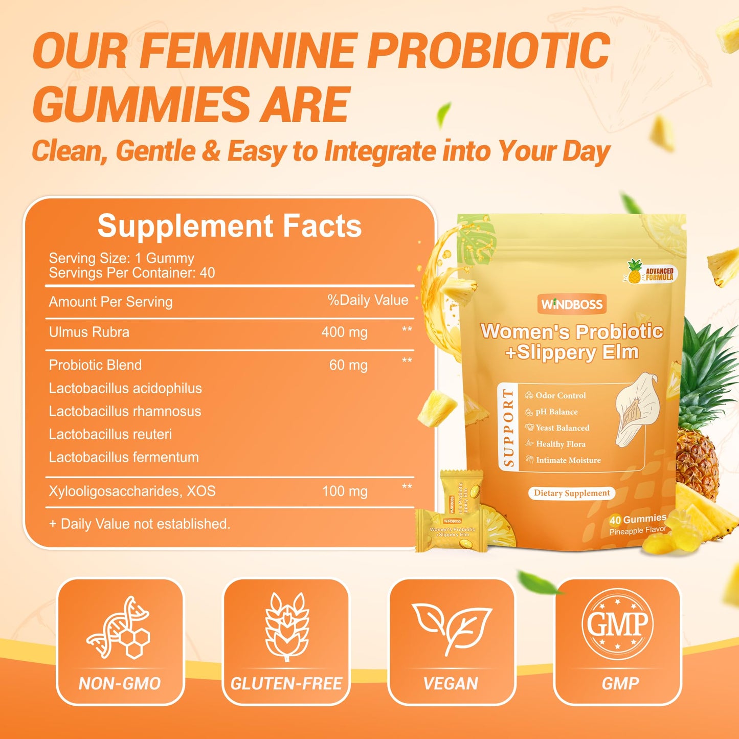 Her Juicy Womens Probiotic Gummies – Daily Feminine Care for Vaginal Health & Yeast PH Balance with Slippery Elm & Prebiotics – Supports Freshness & Balance – Individually Wrapped, 40 Gummies