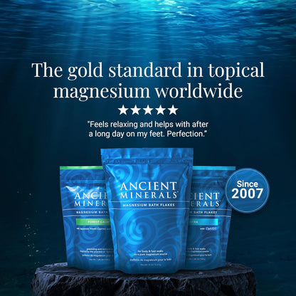 Ancient Minerals Magnesium Bath Flakes Ultra with MSM, Zechstein, 1.65lb | Zechstein magnesium chloride + OptiMSM organic sulfur bath salts. Soothing mineral soak for skin & body. 1.65 lb.