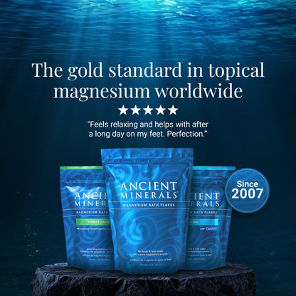 Ancient Minerals Magnesium Bath Flakes, Epsom Salt Alternative, 8lb | Pure Zechstein magnesium chloride flakes for soaking & whole-body replenishment. 8 lb resealable bag.
