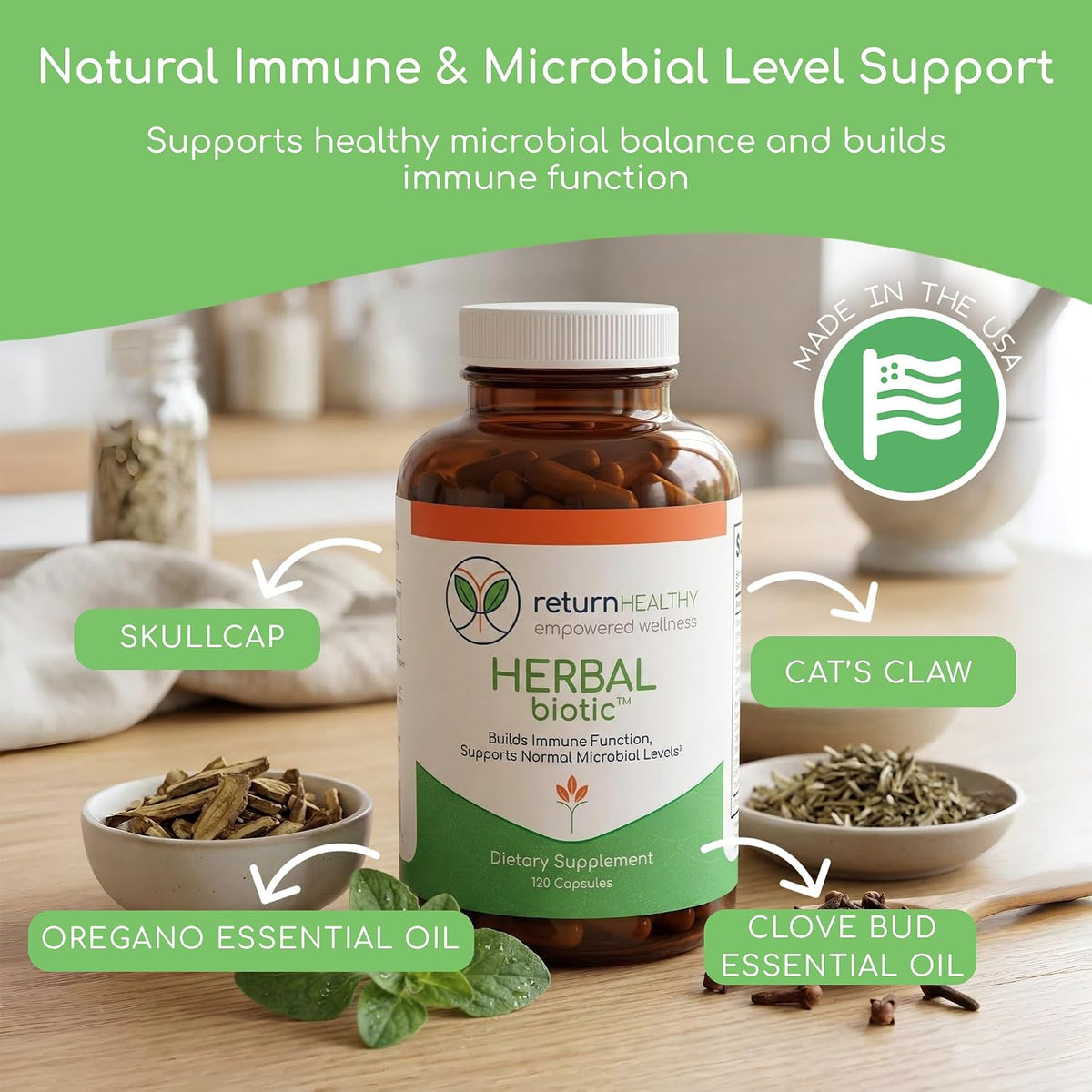 Herbal Biotic, Immune Support Vitamins, Natural Immune System Booster for Adults, Immune Support Supplement Enriched with Cat’s Claw for Probiotic Balance, Digestive Health, 120 Vegan Capsules