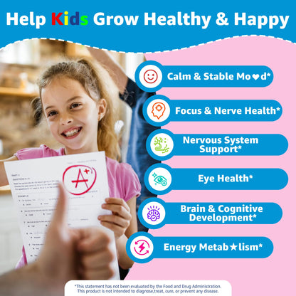 Saffron +Magnesium Glycinate +Omega-3 - Calm Focus Gummies for Kids 4+, Saffron Extract Supplement with L-Theanine, Holy Basil, Rosemary, B6, D3 for Happy Mood, Cognition, Nerve, Sugar Free, 2 Pack