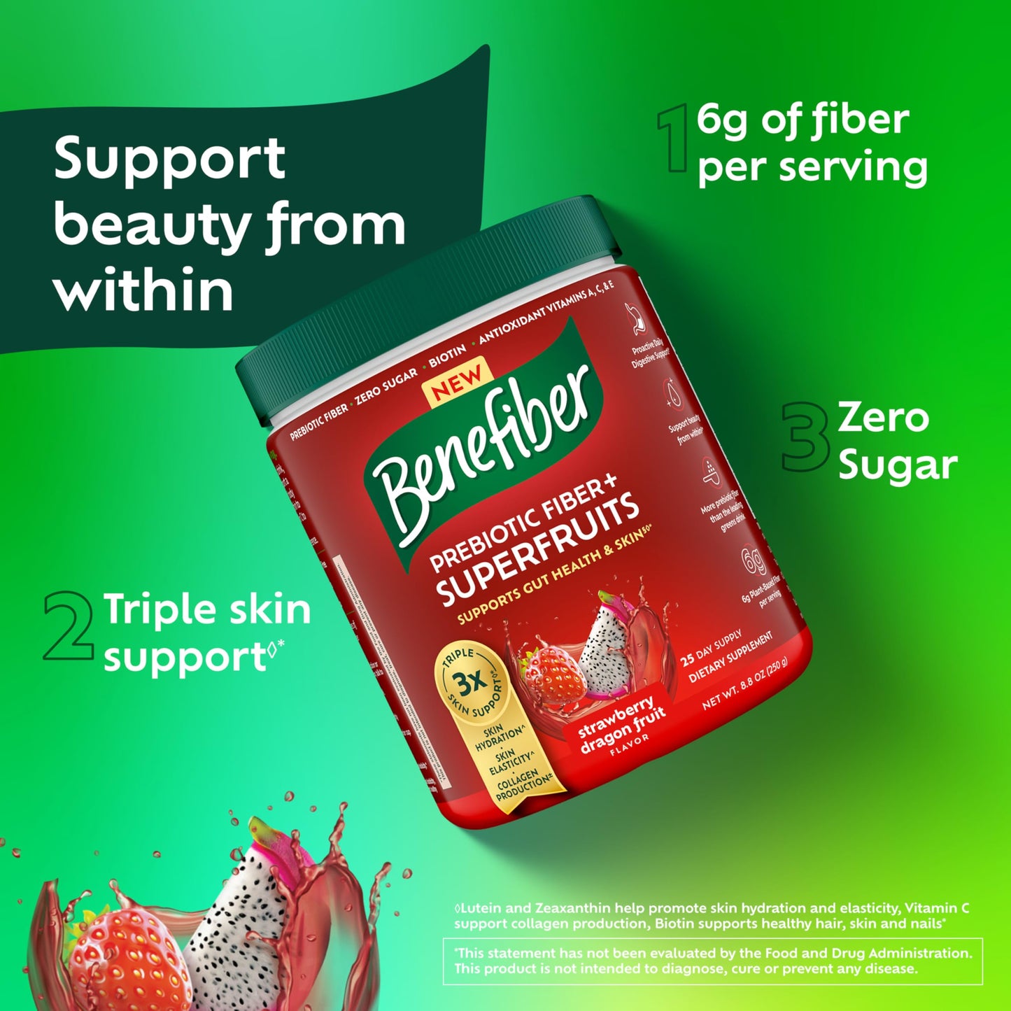 Benefiber Prebiotic Friendly Fiber + Superfruits Dietary Supplement, Strawberry Dragon Fruit Flavor, 8.8 oz (250g)