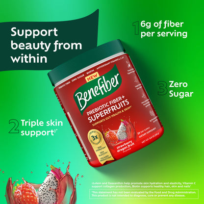 Benefiber Prebiotic Friendly Fiber + Superfruits Dietary Supplement, Strawberry Dragon Fruit Flavor, 8.8 oz (250g)