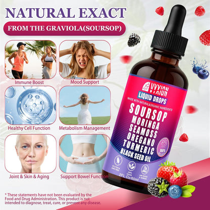 Soursop Bitters Liquid Drops 10 in 1 with Sea Moss, Moringa, Turmeric, Black Seed Oil, Oregano, Ashwagandha | Herbal Extracts for Overall Health-Enhancing |Vegan, Non-GMO| 2 Fl Oz(Mixed Berry Flavor)