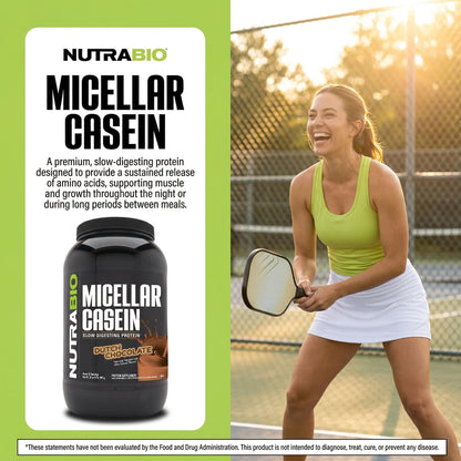 NutraBio Casein Protein Powder, Micellar Casien Powder, 25g Slow Digesting Protein, Helps Keep You Full, Overnight Muscle Recovery & Growth, BCAA & EAA, Gluten Free, Soy Free, 2lb Strawberry Ice Cream