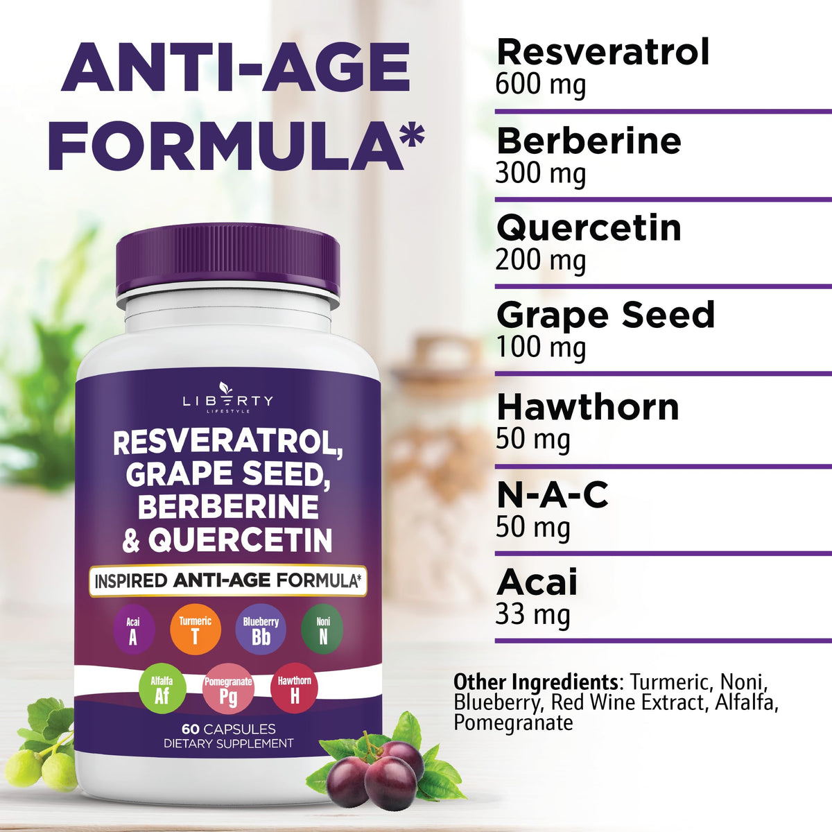 Liberty Lifestyle Resveratrol, Berberine, Grape Seed Extract, Quercetin, Polyphenol Supplement for Women and Men with Noni Extract, N-Acetyl Cysteine, Acai Extract - 2-Pack