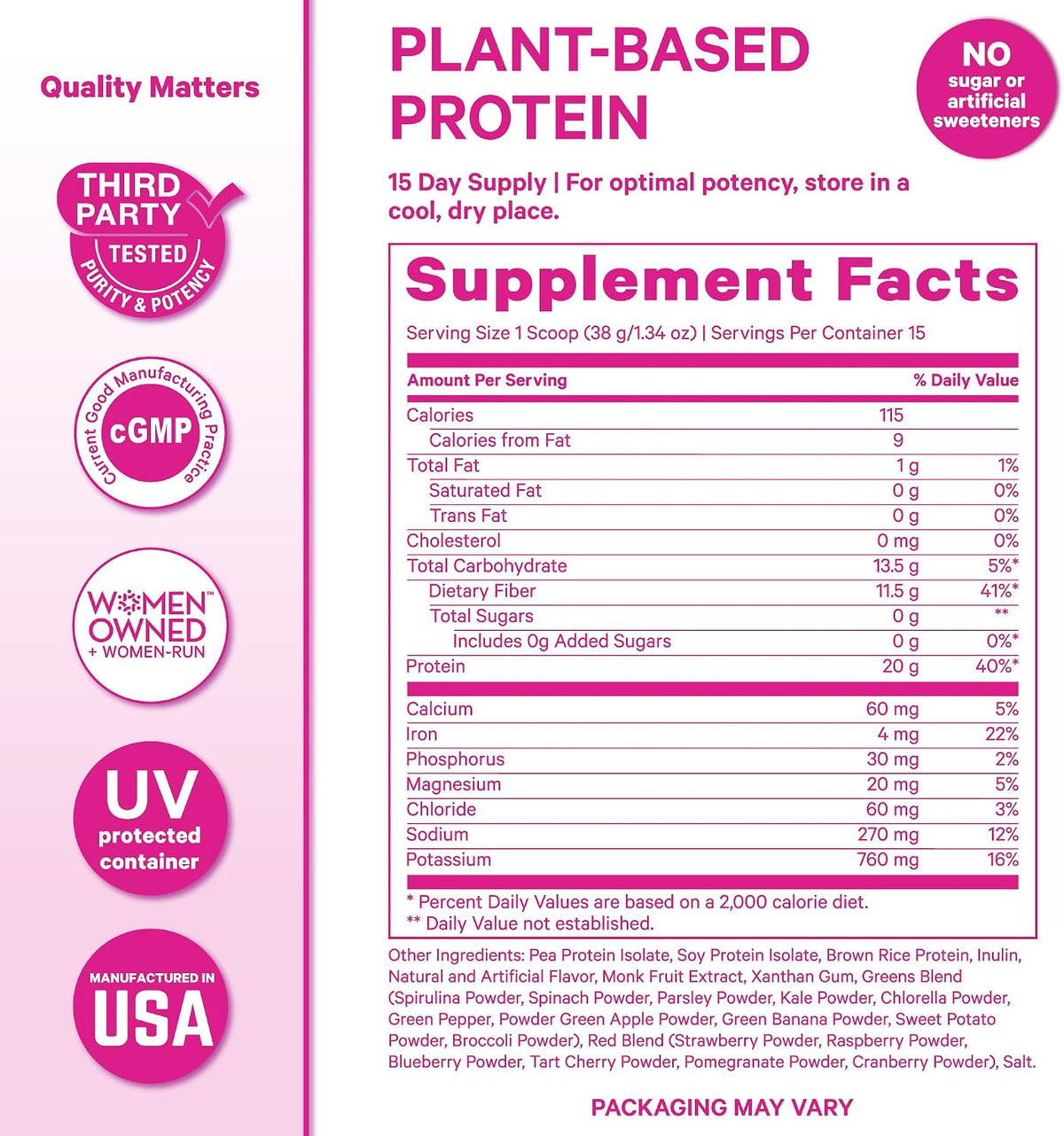 Pink Stork Protein Powder for Women, 20g Vanilla Plant-Based, 15 Scoops | With Fiber & Superfoods, Gluten Free, Dairy Free, Sugar Free, Pregnancy Friendly
