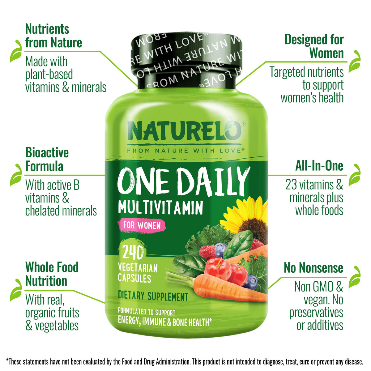 NATURELO One Daily Multivitamin for Women w/Vitamin B12, 120 Ct, Energy Support, Whole Food Daily Women Multivitamin Supplement, Nourish Hair/Skin/Nail, Non-GMO, No Soy, Gluten Free, 4 Month Supply