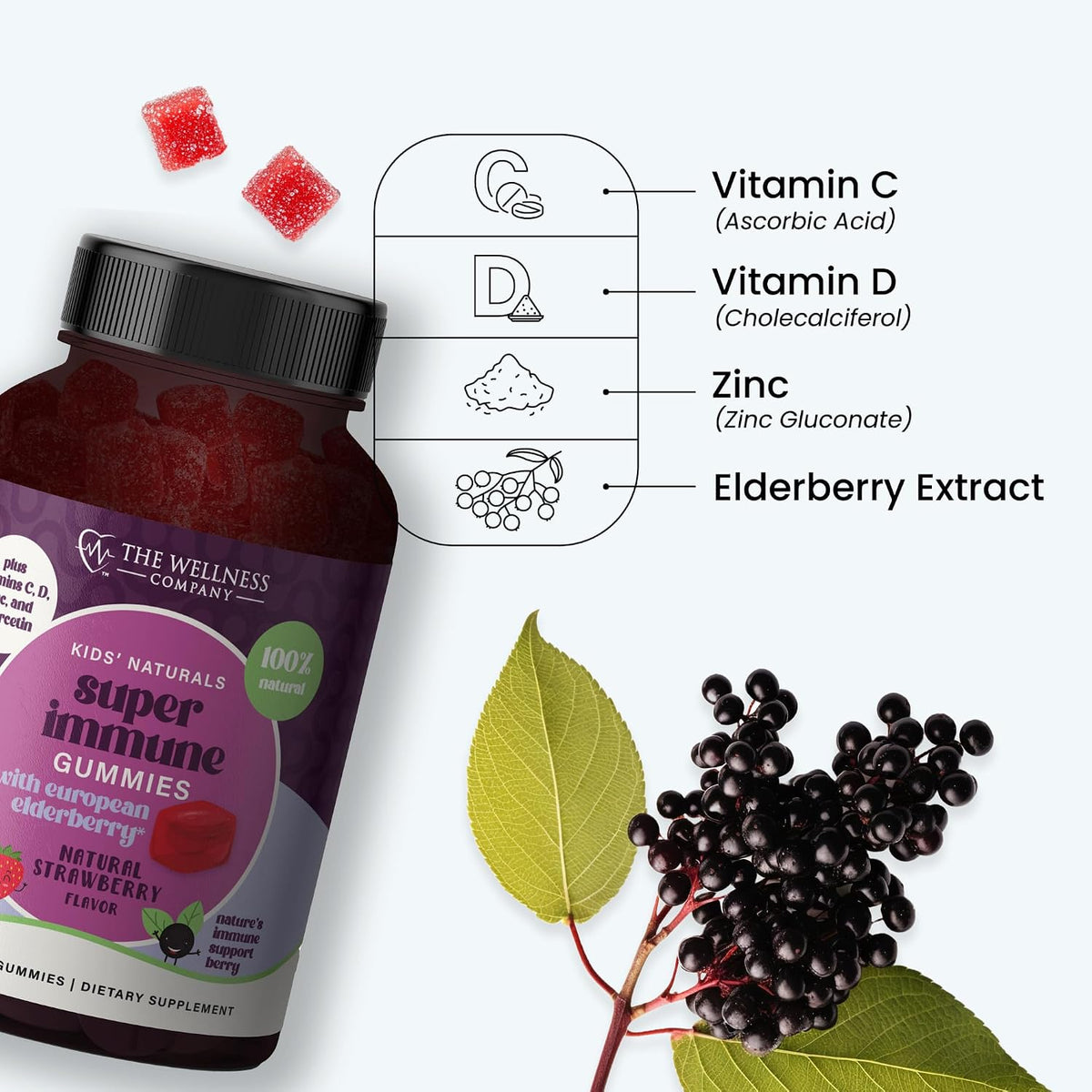 Kids Naturals Elderberry Gummies – Immune Support with Vitamin C & Zinc | 120ct (2 Month Supply)