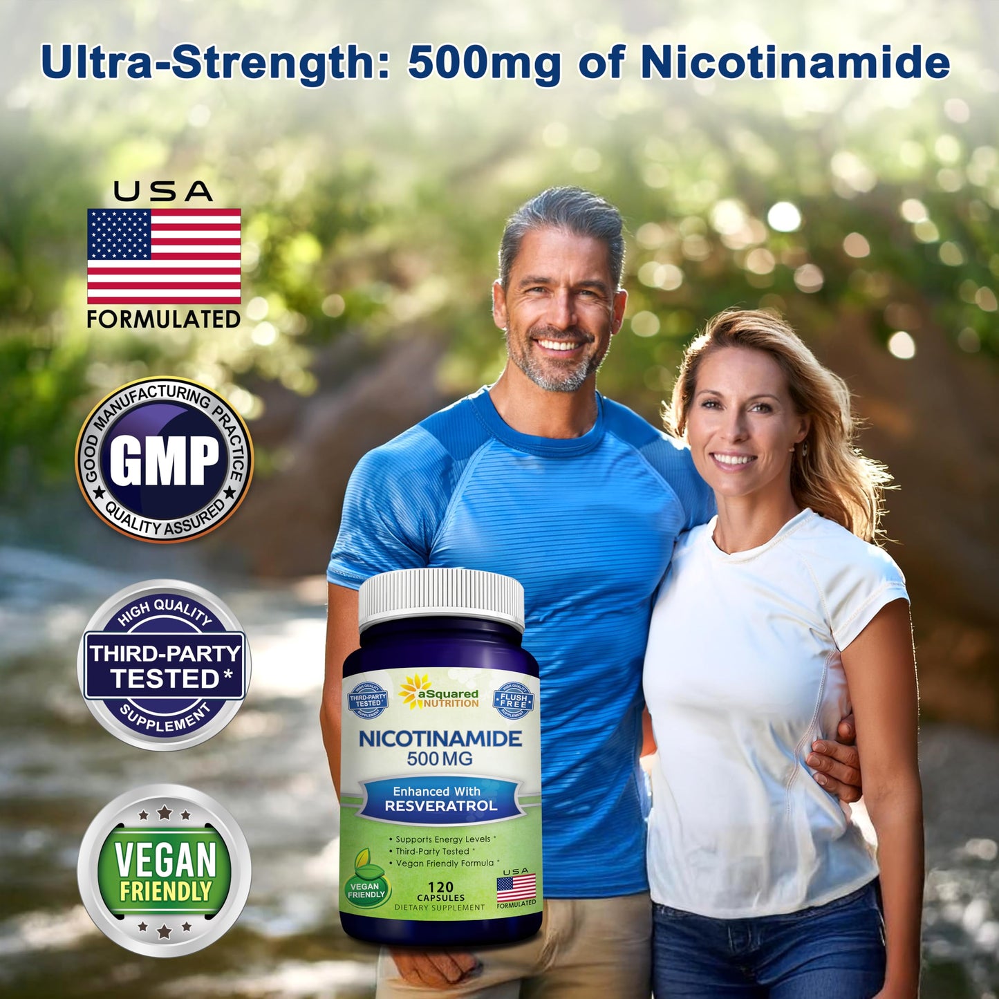 aSquared Nutrition Nicotinamide with Resveratrol - 120 Veggie Capsules - Vitamin B3 500mg (Niacinamide Flush Free)